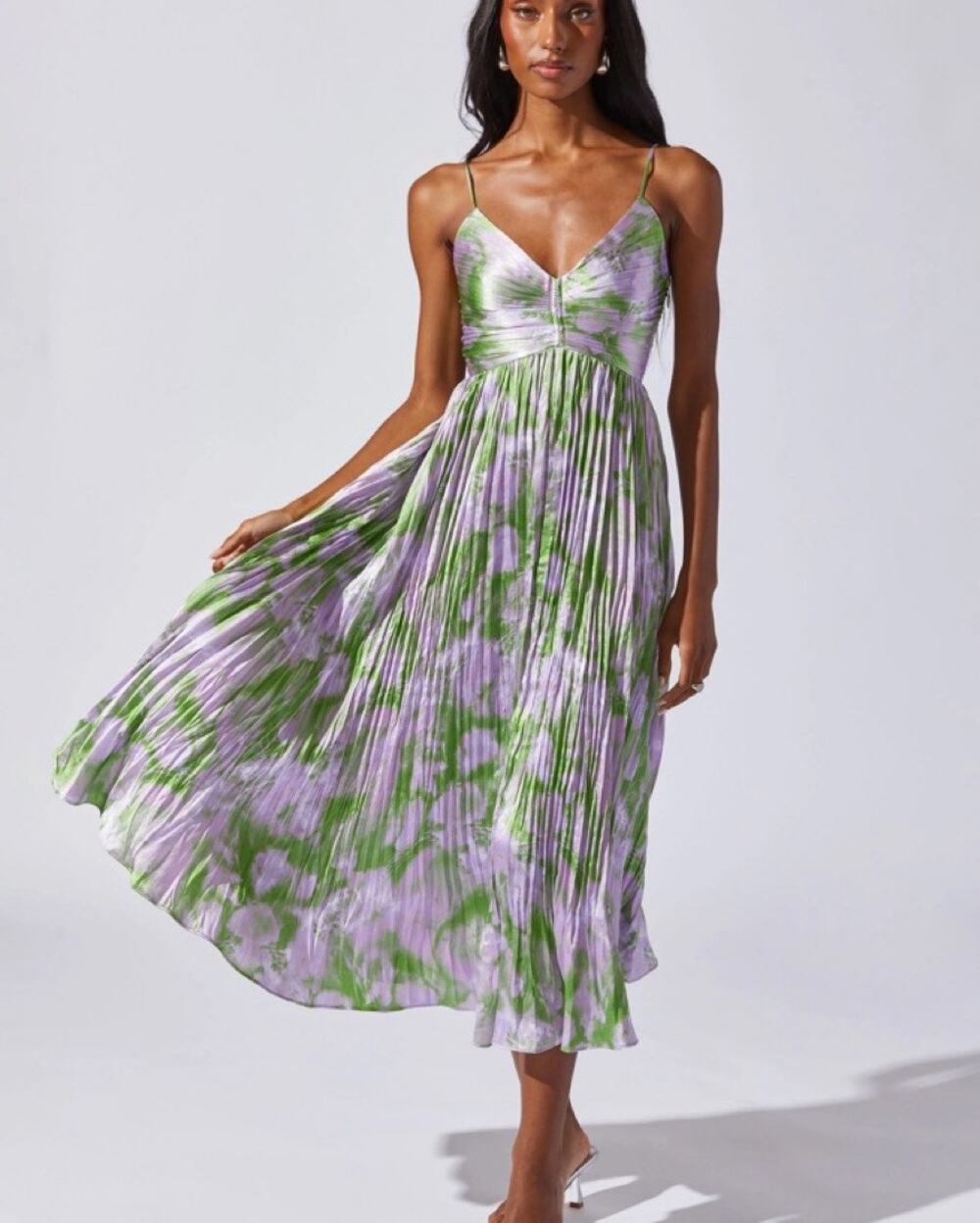 ASTR the Label Rare Purple Green Abstract Satin Maeve Pleated Midi Dress M